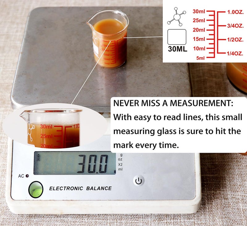 Ackers BORO3.3 High Borosilicate Glass Measuring Cup-V-Shaped Spoutï¼ŒGlass Measuring Beaker for Kitchen or Restaurant, Easy to Read, 30 ML (1 Oz)-Pack of 2 - Image 3