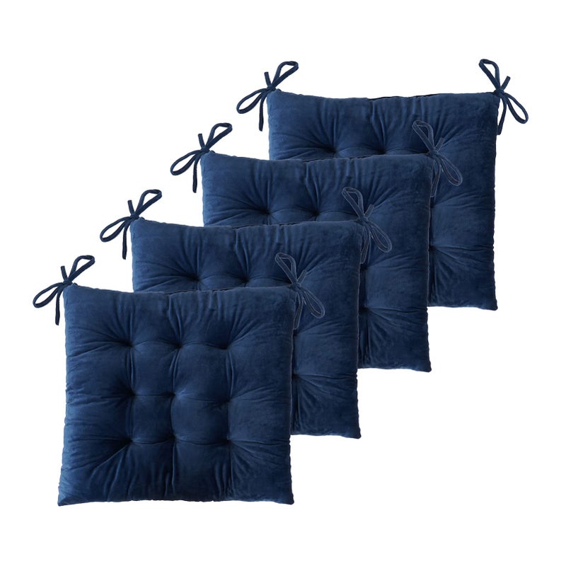 ELFJOY Set of 4 Square Chair Pads Indoor Seat Cushions Pillows with Ties Thick Soft Seat Cushion for Kitchen Dining Office Chair 188 Navy