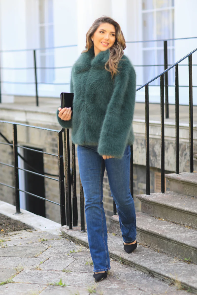 Double Second Green Faux Soft Fur Jacket for Women | Best Price UAE