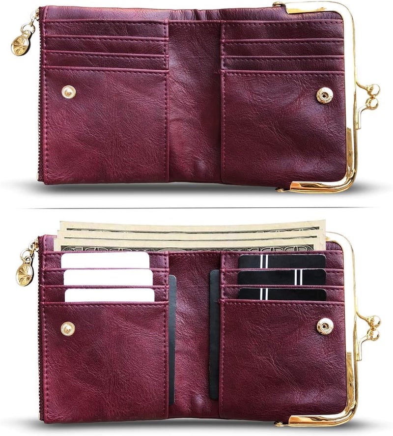 AOXONEL Womens Wallet Small Rfid Ladies Compact Bifold Leather Vintage Coin Purse With Zipper and Kiss Lock - Image 2