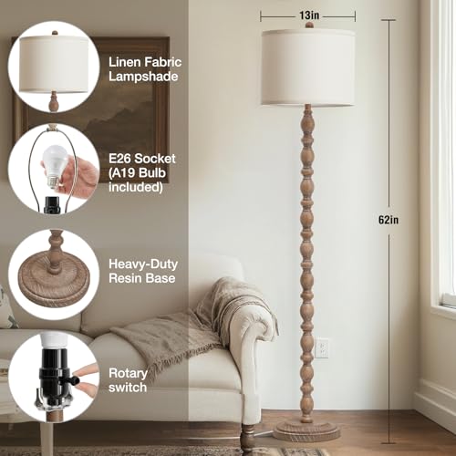 Luvkczc 62" Farmhouse Floor Lamp for Living Room & Bedroom - Adjustable Color Temperature Standing Lamp, Vintage Rustic Tall Floor Lamps with Rotary Switch, Resin Corner Lamps for Office (Dark Brown) - Image 2