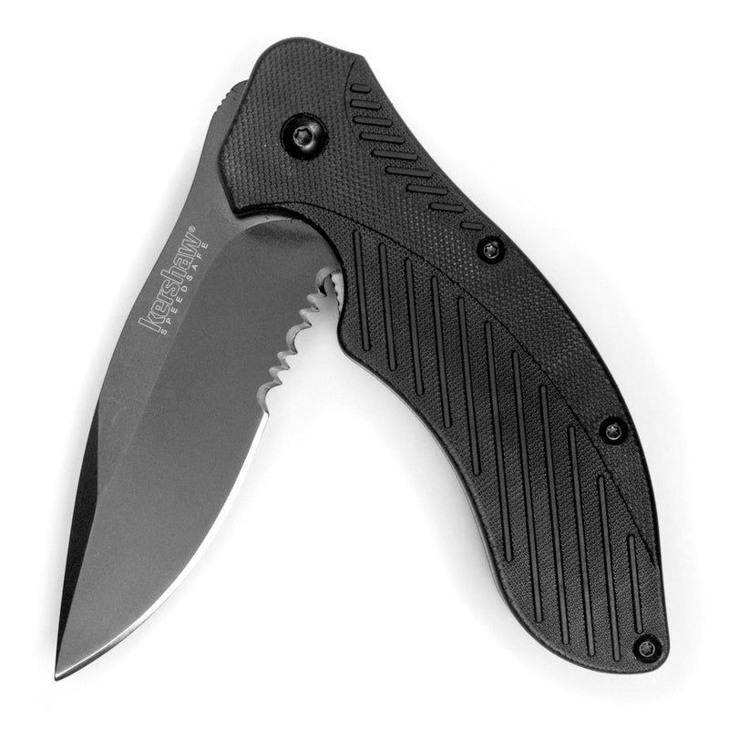 Kershaw Clash Black Serrated Pocketknife, 3" 8Cr13MoV Steel Drop Point Blade, Assisted One-Handed Flipper Opening, Folding Utility EDC - Image 1