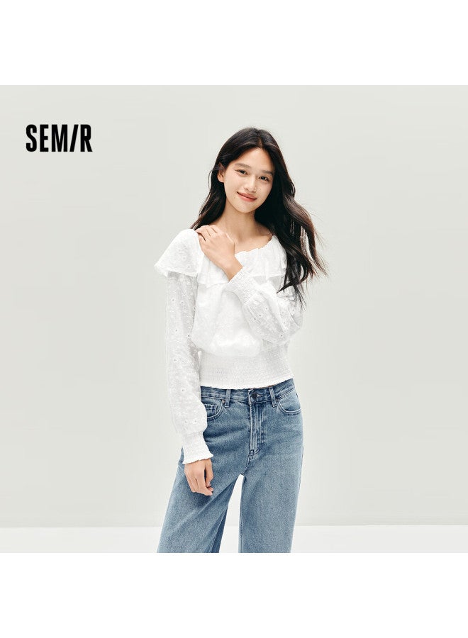 Semir Women's Long Sleeve Short White Embroidered Romantic Autumn Ruffle Off-shoulder Shirt 107625105003 - Image 1
