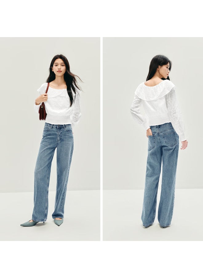 Semir Women's Long Sleeve Short White Embroidered Romantic Autumn Ruffle Off-shoulder Shirt 107625105003 - Image 2