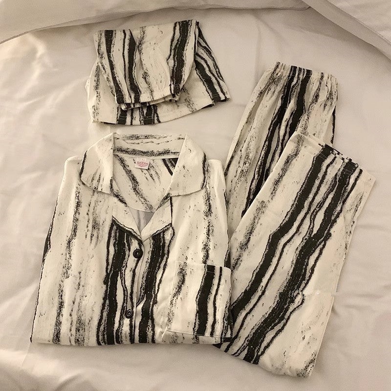 Elegant Summer Cotton Pajama Set for Women A419-Ink Stripe-Three Piece Set