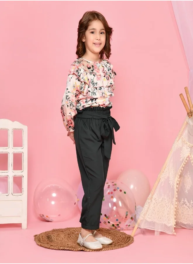 ليلك Floral Print Frilled Top with Green Trouser Set