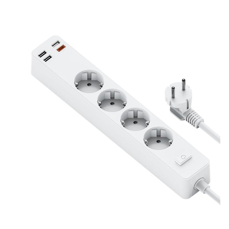 WiWU U01 EU Smart Power Strip, 4 AC Sockets & 4 USB Ports (20W PD), 1.6M Extension Cord with Multi-Protection Safety Surge Protector, Compact All-in-One Charging Station – White | 18 Months Warranty