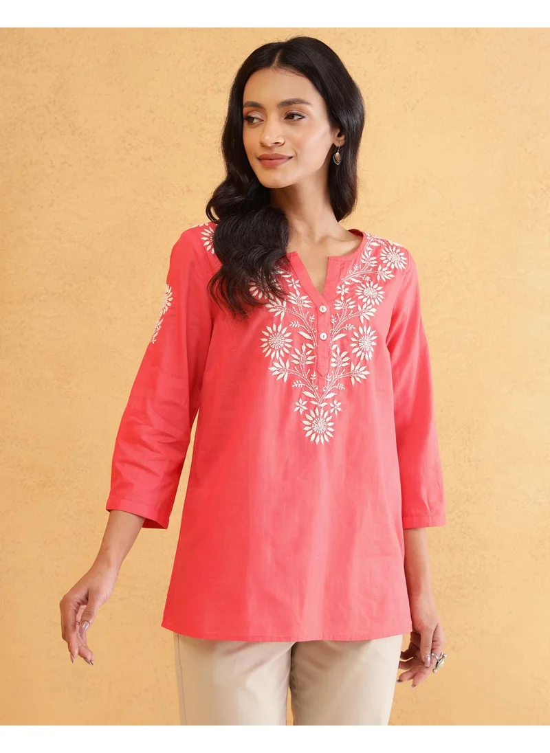 Fabindia Red Cotton Chikankari Tunic