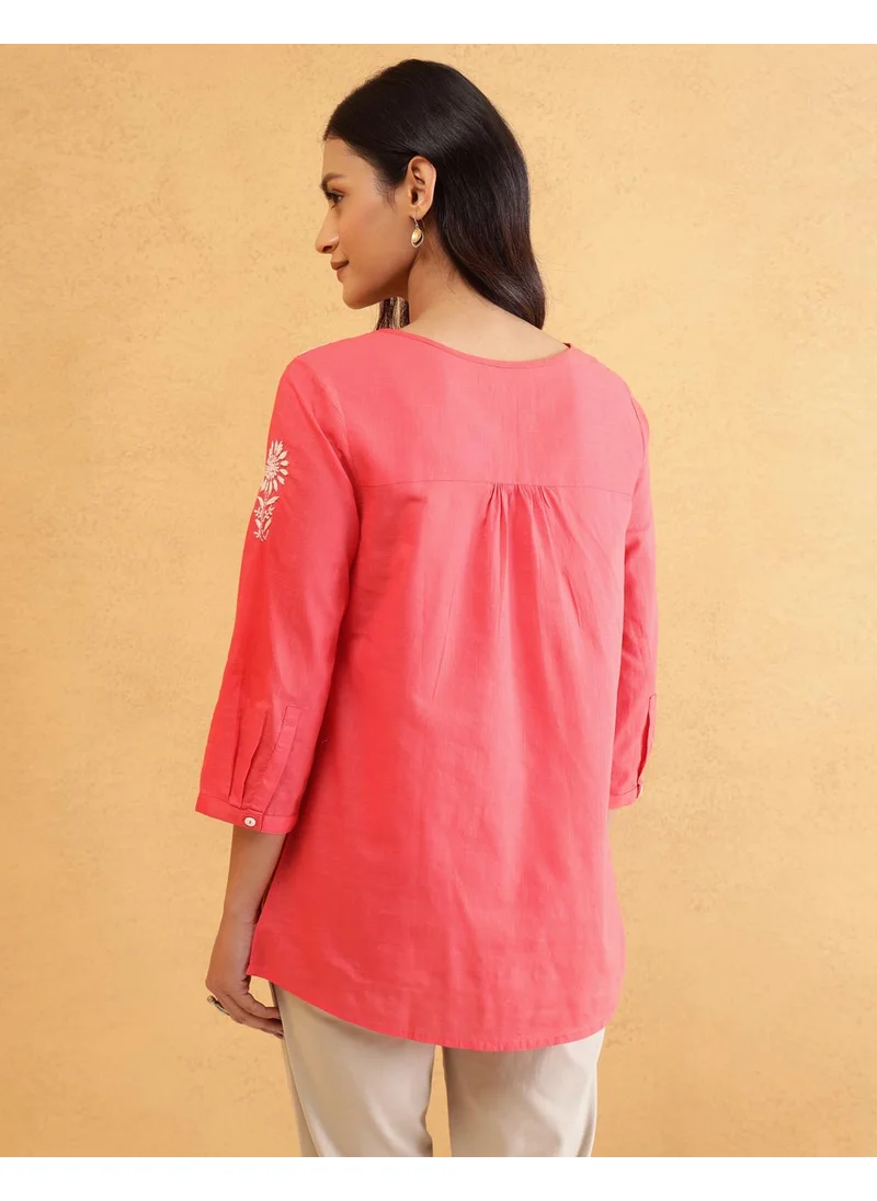 فاب انديا Red Cotton Chikankari Tunic