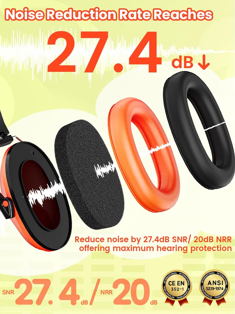 Dr.meter Ear Muffs for Noise Reduction: 27.4SNR Noise Cancelling Headphones for Kids Adults, EM100 Adjustable Hearing Protection Earmuffs for Monster Jam, Autism Sensory, Concerts, Fireworks Orange - Image 3
