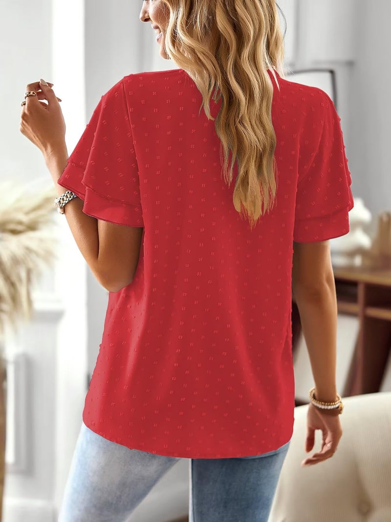 Falechay Womens Summer Tops Sexy V Neck Blouses for Women Dressy Casual Cute Going Out Short Sleeves Shirt Tunic Ruffle Sleeve Swiss Dot Top Bohemian Teacher Shirts Flowy Peasant Shirt Red L - Image 3