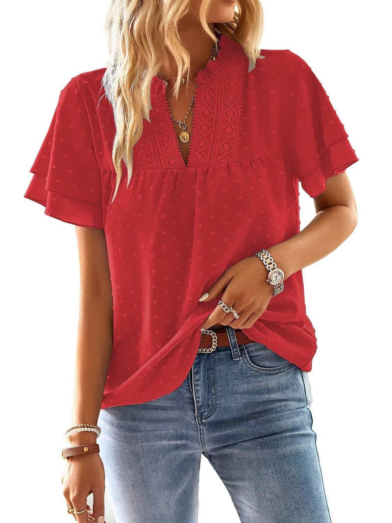 Falechay Womens Summer Tops Sexy V Neck Blouses for Women Dressy Casual Cute Going Out Short Sleeves Shirt Tunic Ruffle Sleeve Swiss Dot Top Bohemian Teacher Shirts Flowy Peasant Shirt Red L - Image 1