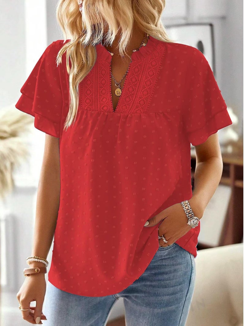 Falechay Womens Summer Tops Sexy V Neck Blouses for Women Dressy Casual Cute Going Out Short Sleeves Shirt Tunic Ruffle Sleeve Swiss Dot Top Bohemian Teacher Shirts Flowy Peasant Shirt Red L - Image 2