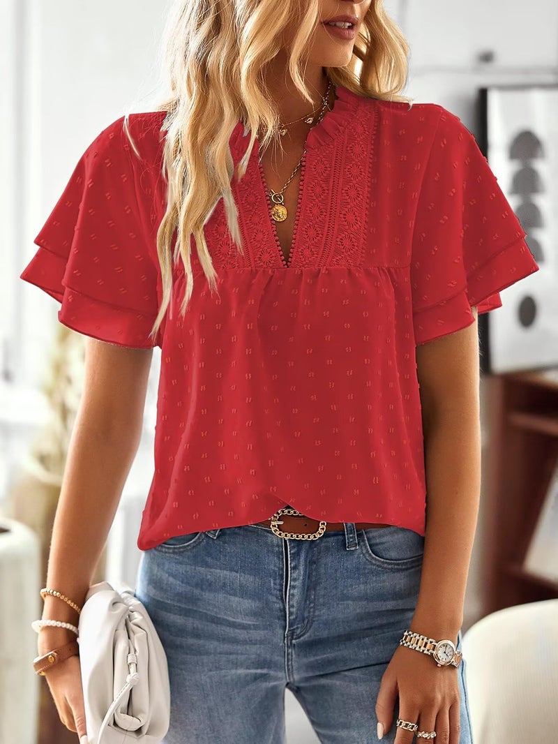 Falechay Womens Summer Tops Sexy V Neck Blouses for Women Dressy Casual Cute Going Out Short Sleeves Shirt Tunic Ruffle Sleeve Swiss Dot Top Bohemian Teacher Shirts Flowy Peasant Shirt Red L - Image 4