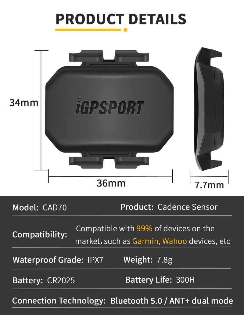 iGPSPORT Bike Speed Cadence Sensor, Wireless IPX7 Waterproof Bluetooth ANT+ 300H Battery Life Bicycle Computer Sensor (CAD70+SPD70) - Image 2