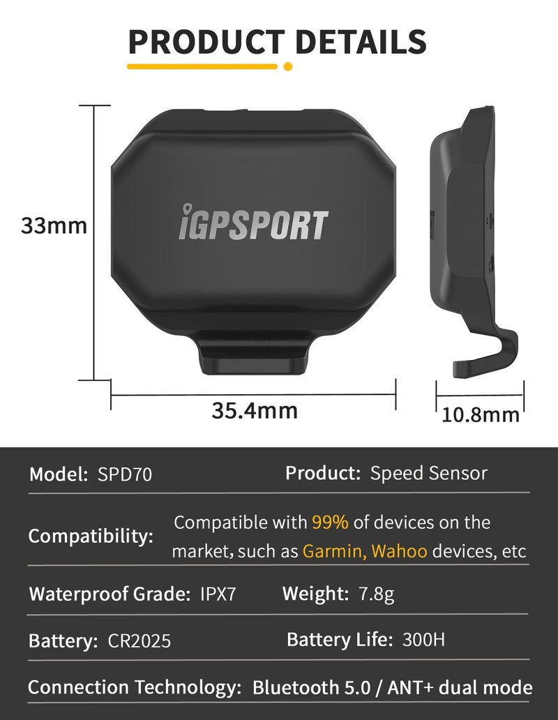 iGPSPORT Bike Speed Cadence Sensor, Wireless IPX7 Waterproof Bluetooth ANT+ 300H Battery Life Bicycle Computer Sensor (CAD70+SPD70) - Image 3