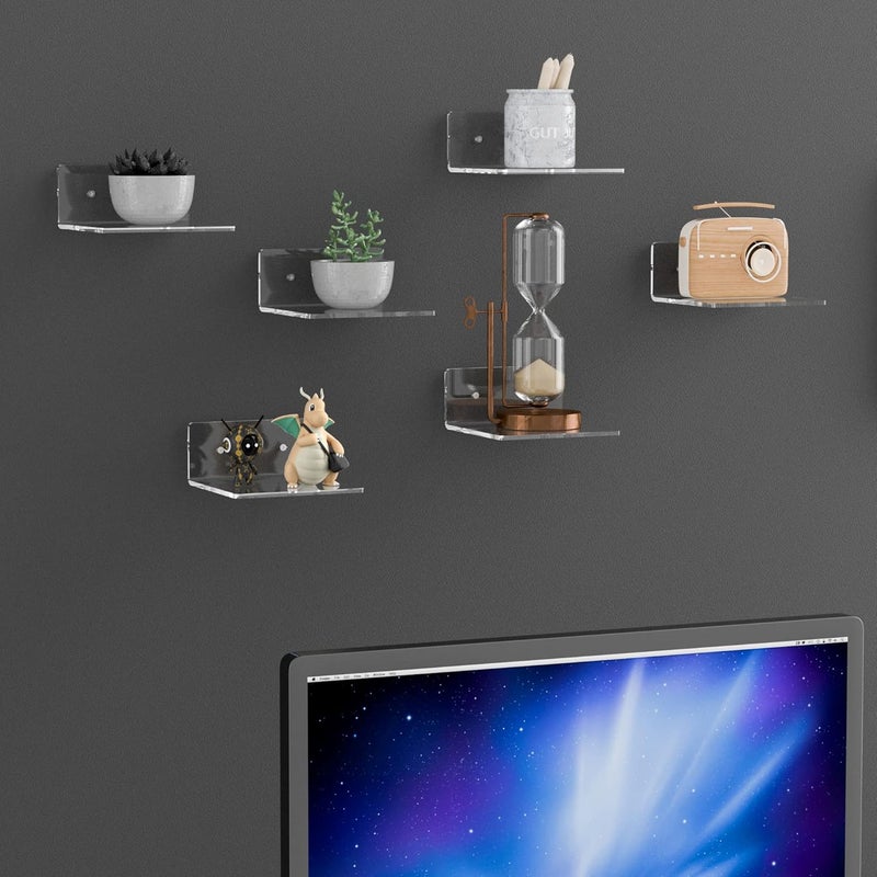 Sezanrpt 6 Inches Acrylic Small Wall Shelves 2 Pack, Floating Shelf for Wall Mounting, Acrylic Display Ledges for Funko Pop Figures, Home Décor, Living Room, Gaming Room, Plants(6 inch, Clear) - Image 2