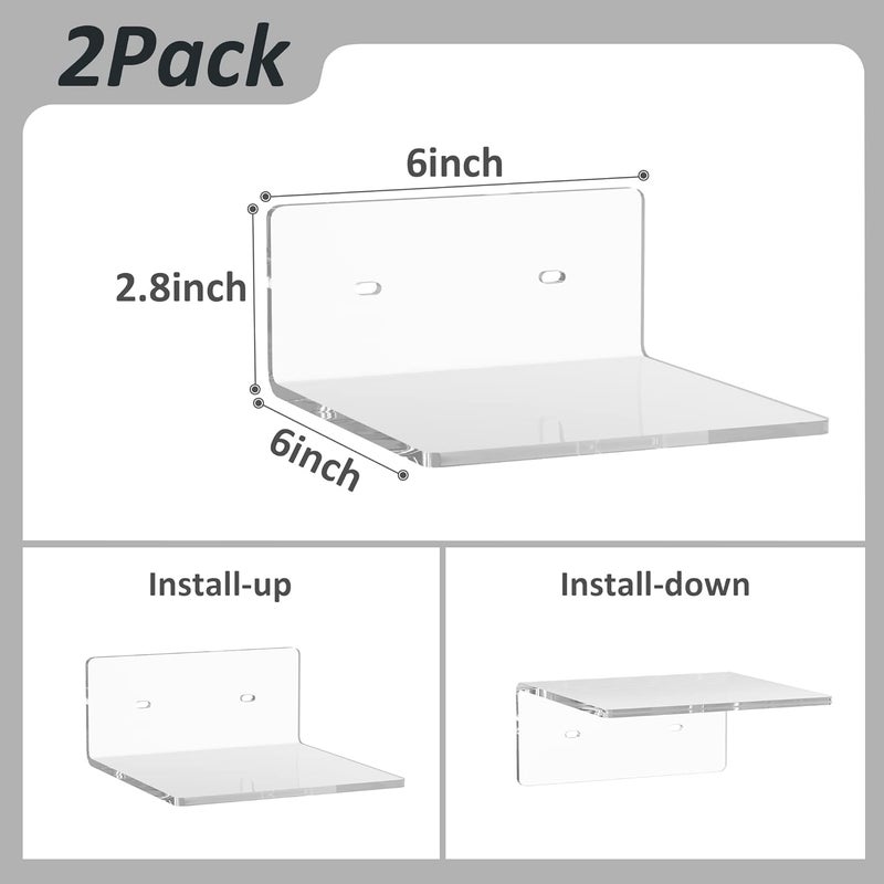Sezanrpt 6 Inches Acrylic Small Wall Shelves 2 Pack, Floating Shelf for Wall Mounting, Acrylic Display Ledges for Funko Pop Figures, Home Décor, Living Room, Gaming Room, Plants(6 inch, Clear) - Image 3