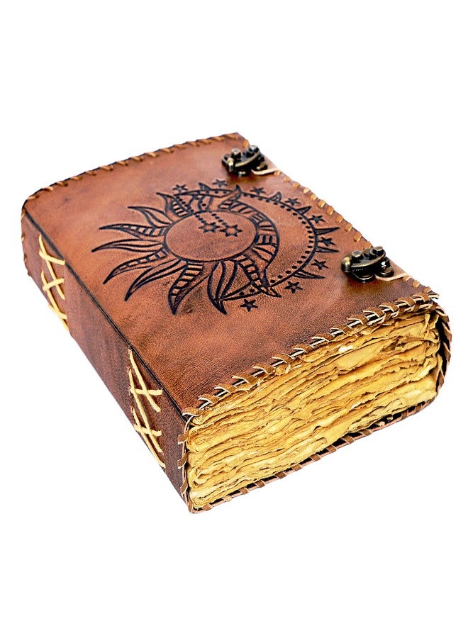CREATIVE LEATHER ART Sun & Moon Emboss Journal, 220 Deckle Edge Handmade Pages Journal, Vintage Journal, Sun Moon Journal, Leather Sketchbook, Leather Notebook, Leather Journal for Men, Vintage Brown,Deckle Edge Paper) - Image 1
