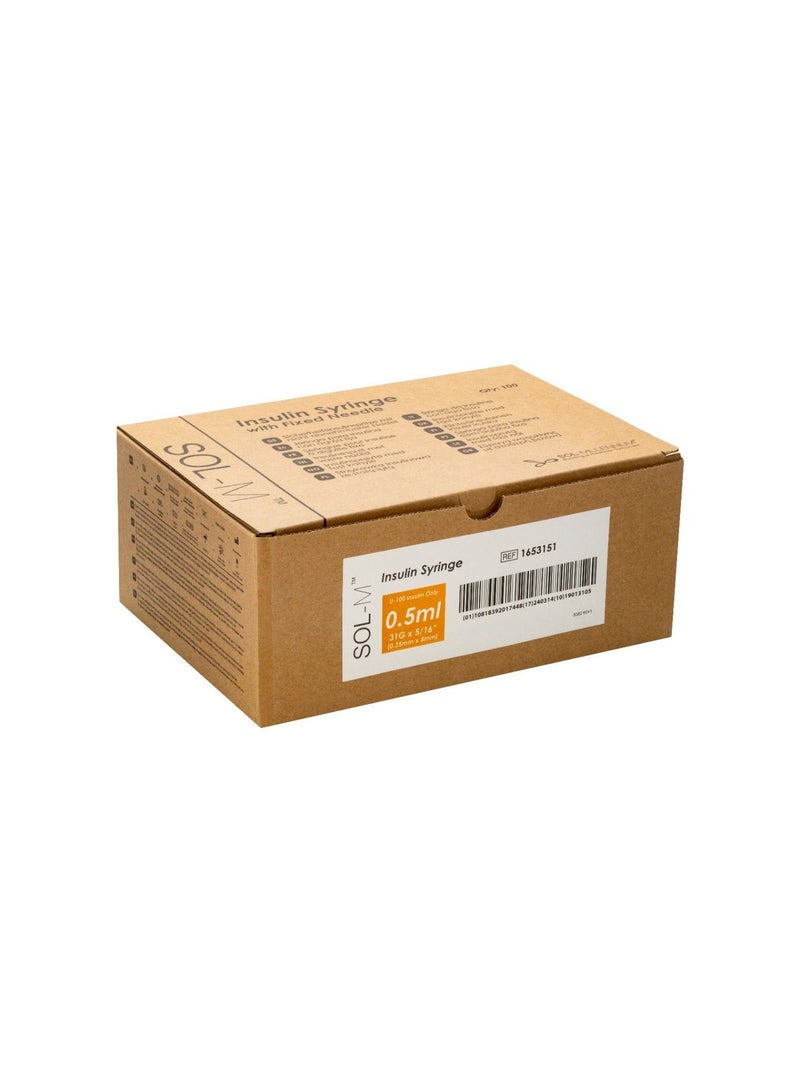 SOL-M 0.5 ml Insulin Syringe Needle 31G (8mm) -100 pcs - Image 1