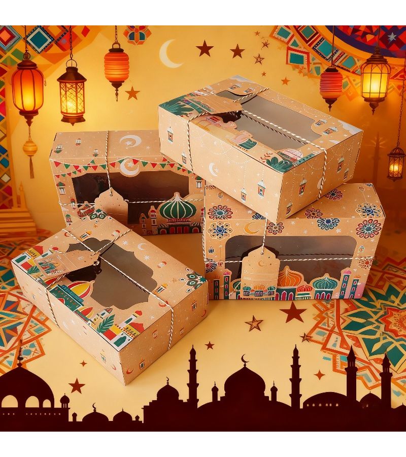 12 Items Ramadan Gift Box Set With PVC Window Kraft Paper Box Temple And Camel Patterns Festival Design Easy To Assemble And Store - Image 1