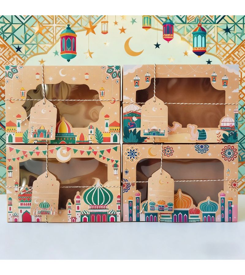 12 Items Ramadan Gift Box Set With PVC Window Kraft Paper Box Temple And Camel Patterns Festival Design Easy To Assemble And Store - Image 2