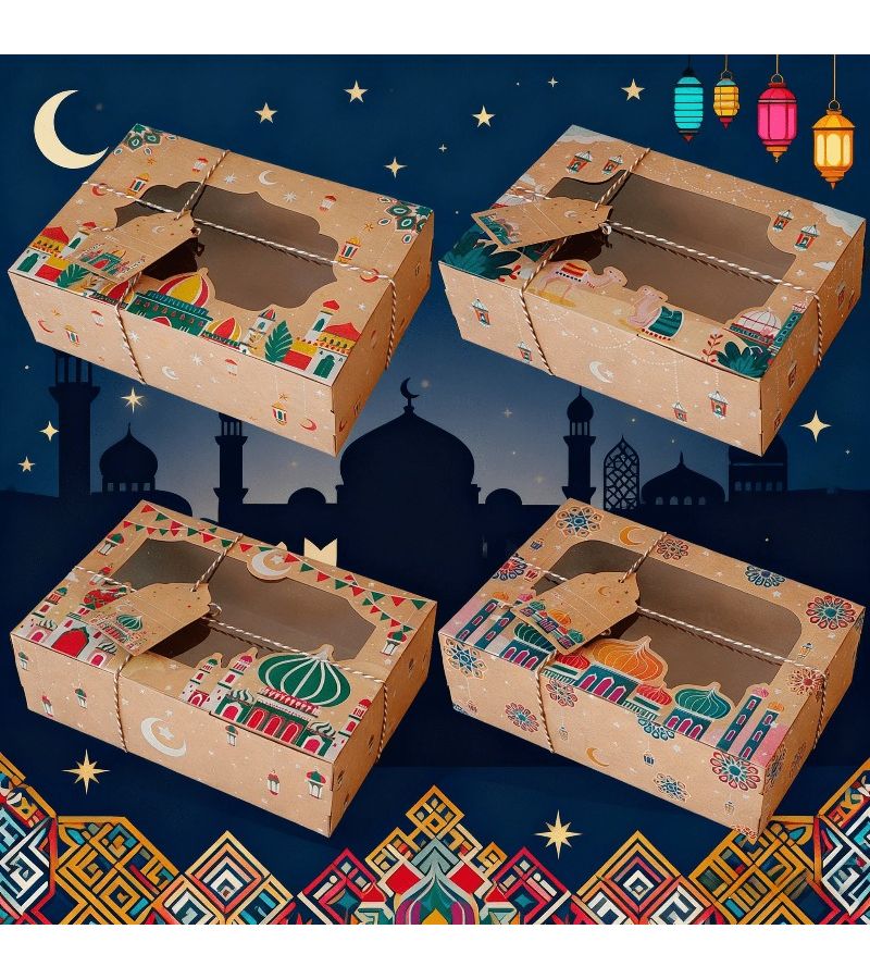 12 Items Ramadan Gift Box Set With PVC Window Kraft Paper Box Temple And Camel Patterns Festival Design Easy To Assemble And Store - Image 4