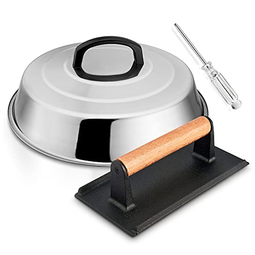 HaSteeL 12In Cheese Melting Dome & 8x4In Cast Iron Grill Press, HaSteeL Stainless Steel Basting Cover with Heavy Duty Burger Bacon Press, Griddle Accessories for Teppanyaki Flat Top Stovetop Indoor & Outdoor - Image 1