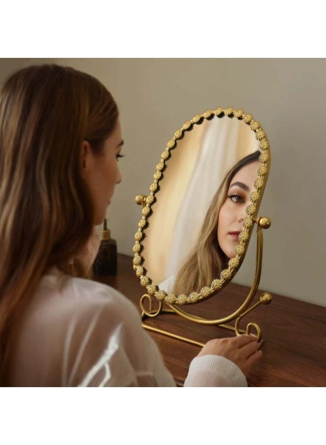 olayks Gold Vanity Tabletop Makeup Mirror with Metal Stand, Oval, 360° Rotatable Adjustment, Portable Desk Cosmetic Mirror for Dressing Room, Bathroom, Bedroom, Face Makeup Tools & Accessories - Image 3