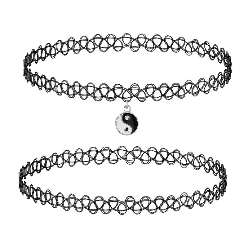 BodyJ4You 2PC Tattoo Choker Necklace - 90s Choker Necklace Women - 2000s Y2K Black Chokers - Yin Yang Silvertone Charm Pendant - Vintage Emo Stretchy Elastic Necklace - Image 1