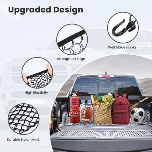 Canvcle Truck Bed Cargo Net for 2019-2025 Dodge Ram 1500 Accessories Envelope Style Mesh Trunk Net Organizer and Storage Stretchable Adjustable Elastic Nylon Rear Cargo Netting with Hooks - Image 4