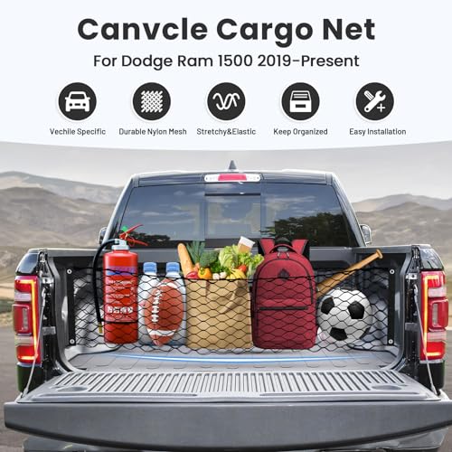 Canvcle Truck Bed Cargo Net for 2019-2025 Dodge Ram 1500 Accessories Envelope Style Mesh Trunk Net Organizer and Storage Stretchable Adjustable Elastic Nylon Rear Cargo Netting with Hooks - Image 2