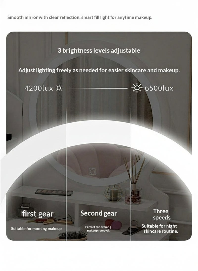 Beauenty Makeup table with three button adjustable LED makeup mirrors, 80cm Makeup Vanity Table, Large Modern Vanity Desk, Bedroom Makeup Dressing Table, Dresser with Drawers and Storage Shelves for Girls Women (White) - Image 3