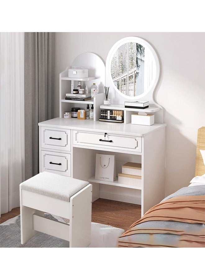 Beauenty Makeup table with three button adjustable LED makeup mirrors, 80cm Makeup Vanity Table, Large Modern Vanity Desk, Bedroom Makeup Dressing Table, Dresser with Drawers and Storage Shelves for Girls Women (White) - Image 2