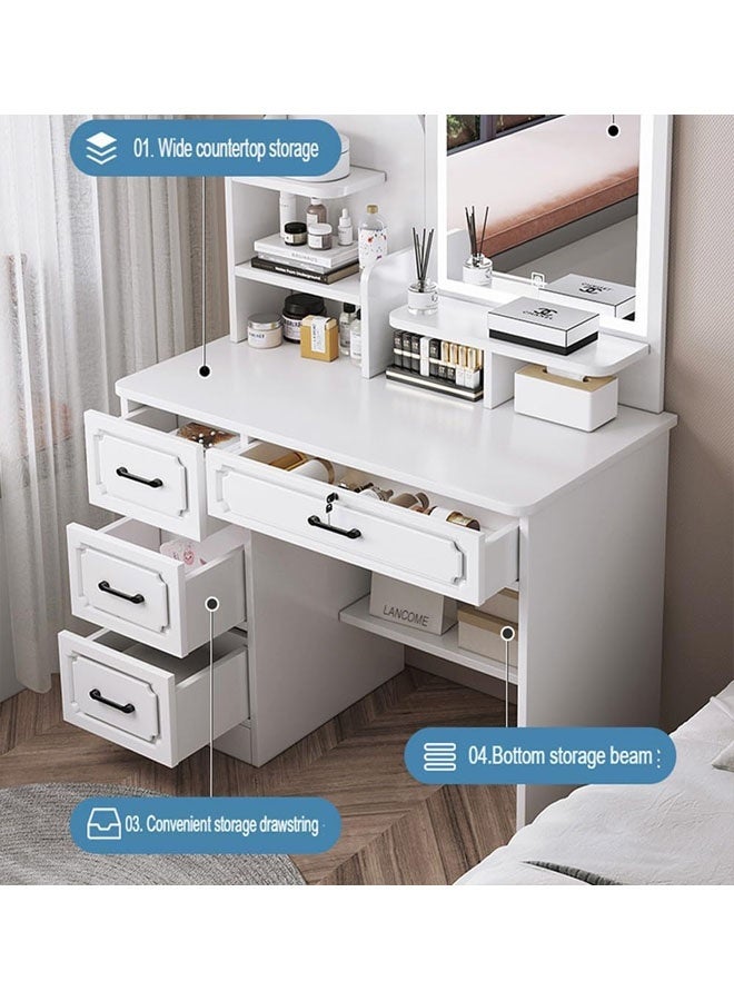 Beauenty Makeup table with three button adjustable LED makeup mirrors, 80cm Makeup Vanity Table, Large Modern Vanity Desk, Bedroom Makeup Dressing Table, Dresser with Drawers and Storage Shelves for Girls Women (White) - Image 4