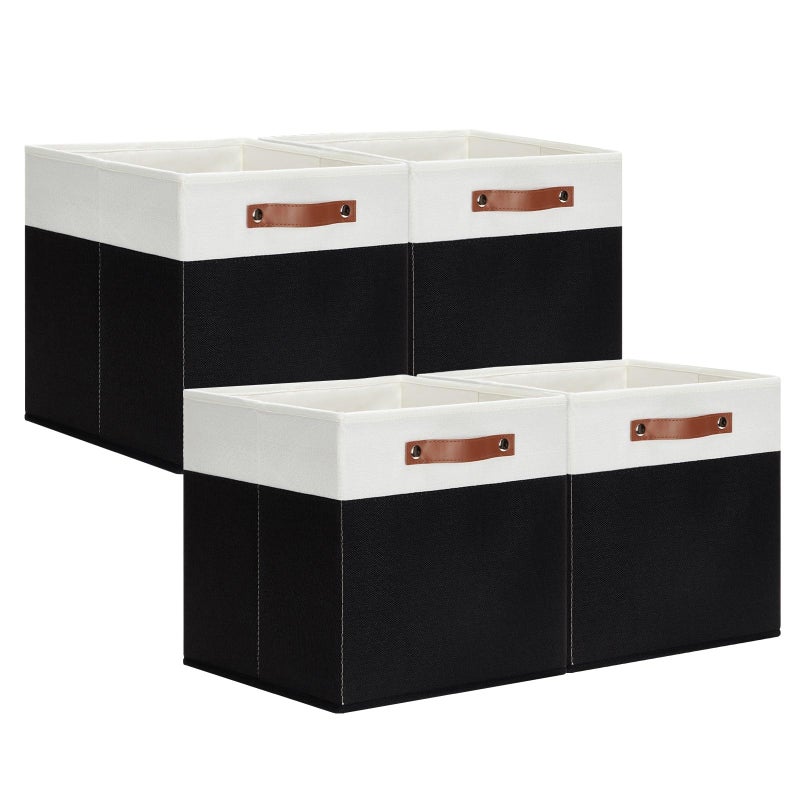 صناديق تخزين DULLEMELO 13 بوصة مع مقابض لتنظيم سلال التخزين القماشية للرفوف وغرفة الأطفال وتنظيم المنزل أبيض وأسود 4 عبوات