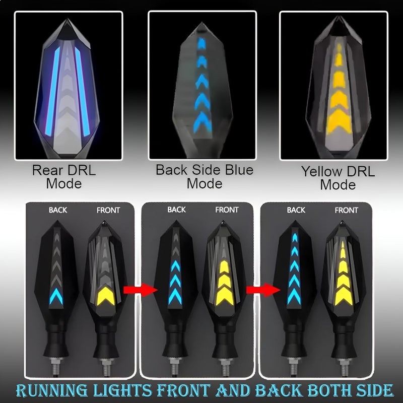 Asryd مصابيح إشارة مرنة على شكل سهم من أسريد بتصميم عداء، مؤشرات LED ساطعة، مقاومة للماء، عالمية لجميع الدراجات النارية، مصابيح إشارة الانعطاف (عبوة من 4، أصفر وأزرق) - Image 5