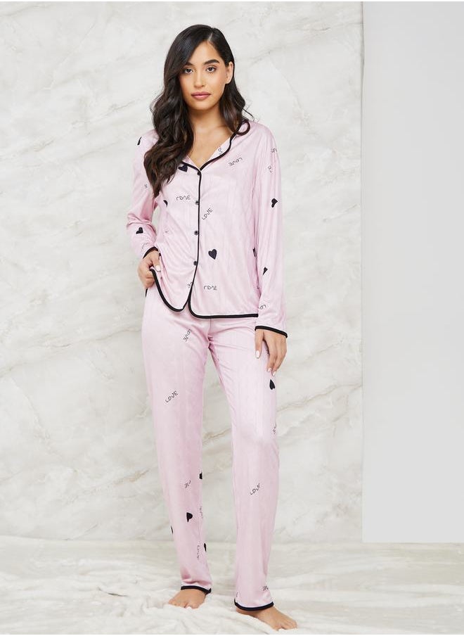 Styli - Heart Print Button Through Shirt & Pyjama Set - Image 1