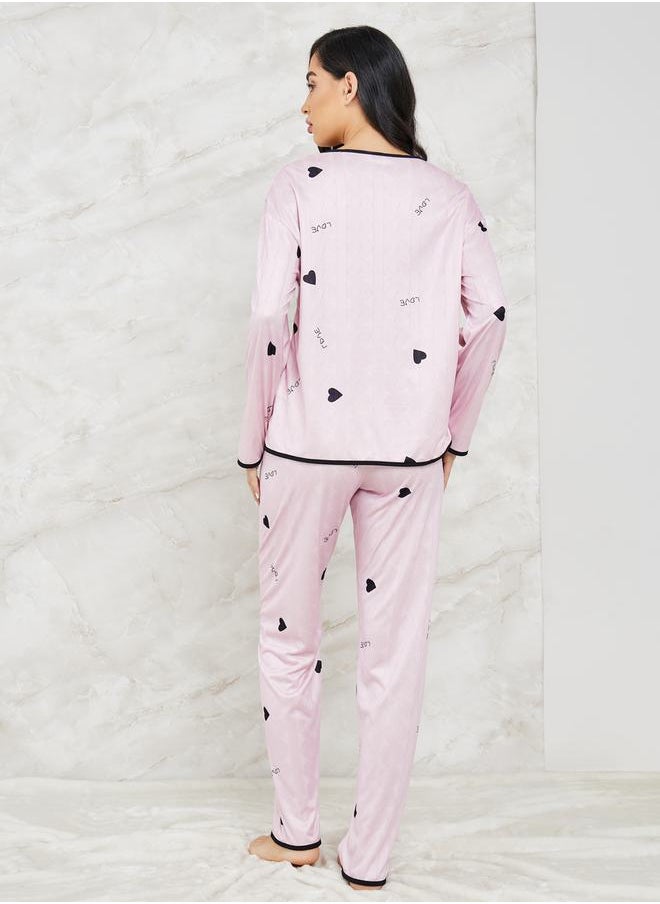 Styli - Heart Print Button Through Shirt & Pyjama Set - Image 1