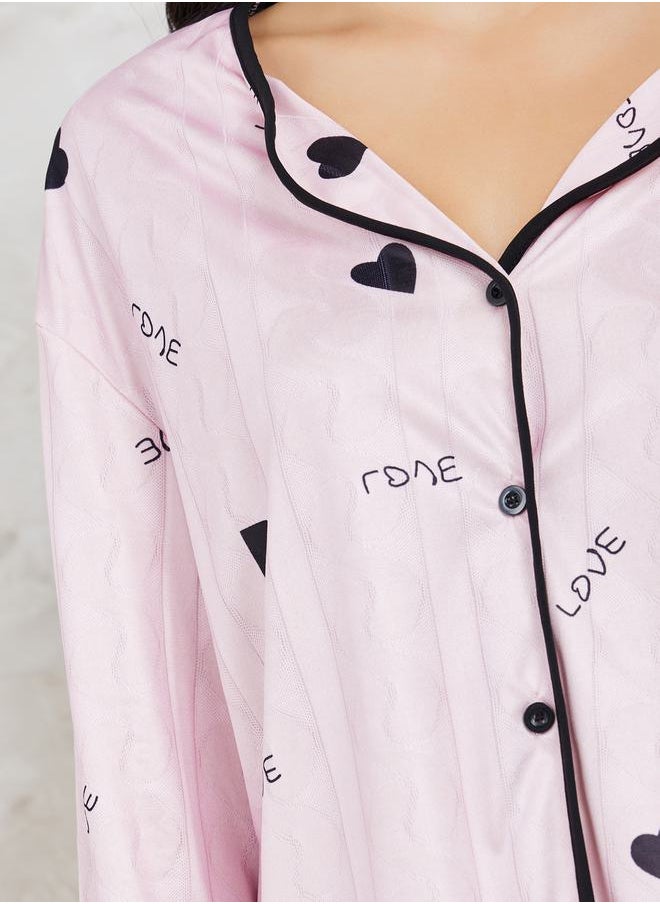Styli - Heart Print Button Through Shirt & Pyjama Set - Image 1