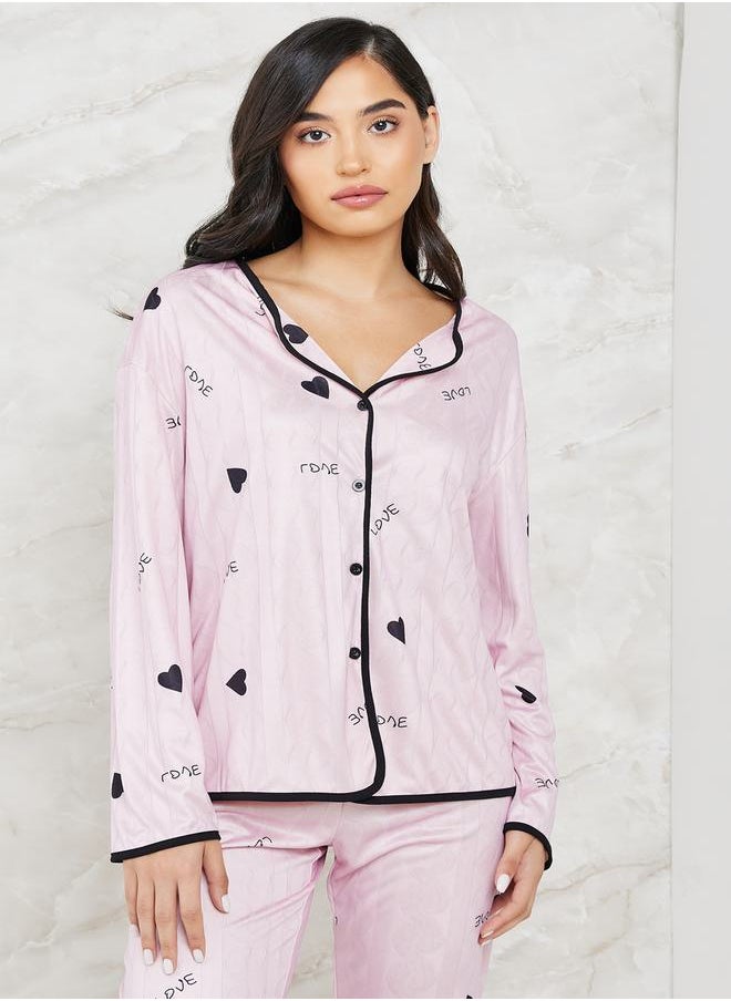 Styli - Heart Print Button Through Shirt & Pyjama Set - Image 1