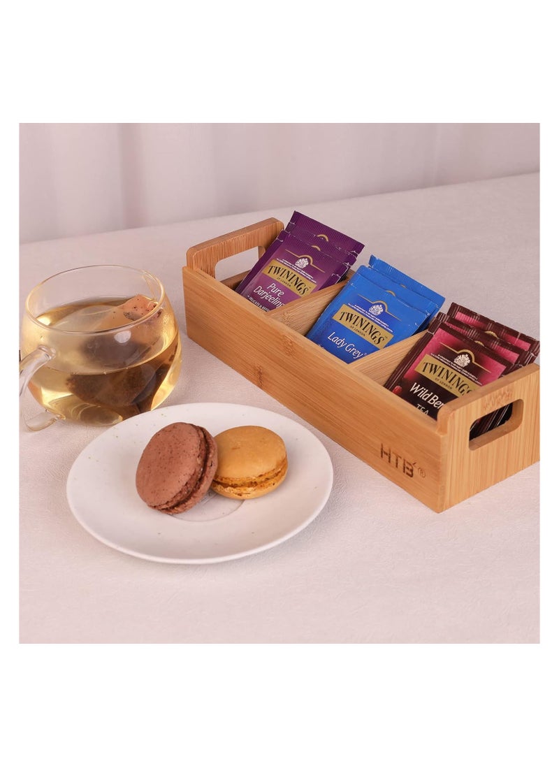 ماركة غير محددة - حامل أكياس الشاي الصغير من خشب الزان الطبيعي بواسطة HTB، منظم شاي من الزان بثلاثة أقسام لمستلزمات المشروبات، السكر، المحليات، والأكياس الفردية. منظم محمول لأكياس الشاي لمطبخ المنزل أو المكتب. - Image 1
