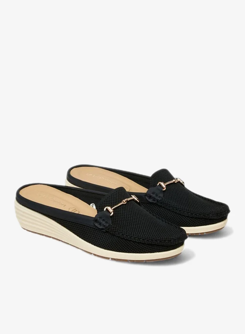 Le Confort Metal Accent Flyknit Slip-On Mules With Wedge Heels