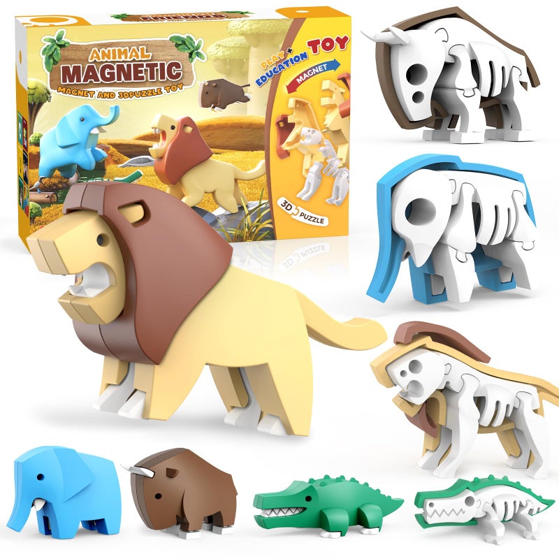 Toycost Magnetic Animal Building Toys, STEM Toddler Learning Toys 3D Puzzle Animals for Boys Girls, Educational Magnetic Travel Montessori Toy Lion Elephant Crocodile, Unique Birthday Gift for Kids 3 4 5 6 7 - Image 1