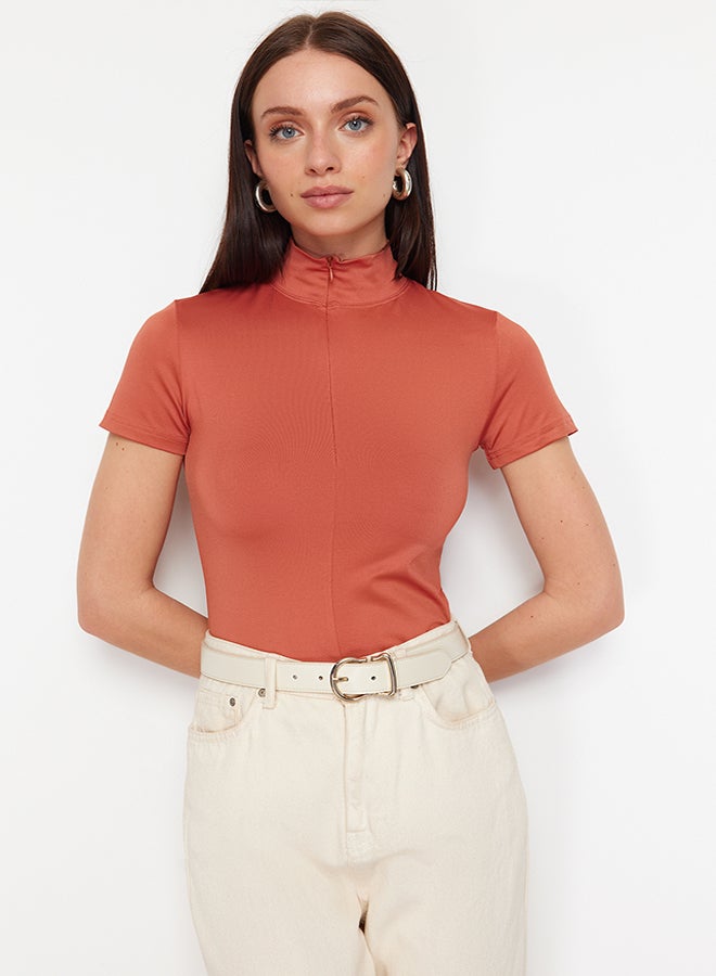 trendyol Cinnamon Fitted/Fitting Zip Collar Short Sleeve Stretch Knitted Blouse TWOSS24BZ00489  - Image 1