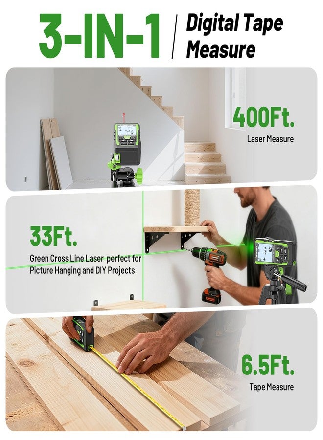 Huepar 3-in-1 Laser Measuring Tool, 400Ft Laser Measure & 33Ft Green Cross Line Laser Level & 6.5Ft Tape Measure, Rechargeable, Voice Broadcast, Multi-Mode, Rugged for Construction &Home Use, SW-T120 - Image 2