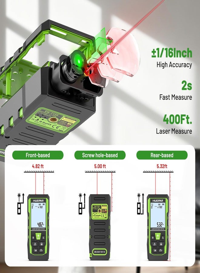 Huepar 3-in-1 Laser Measuring Tool, 400Ft Laser Measure & 33Ft Green Cross Line Laser Level & 6.5Ft Tape Measure, Rechargeable, Voice Broadcast, Multi-Mode, Rugged for Construction &Home Use, SW-T120 - Image 4