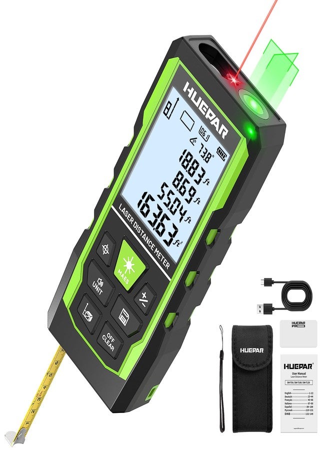 Huepar 3-in-1 Laser Measuring Tool, 400Ft Laser Measure & 33Ft Green Cross Line Laser Level & 6.5Ft Tape Measure, Rechargeable, Voice Broadcast, Multi-Mode, Rugged for Construction &Home Use, SW-T120 - Image 1