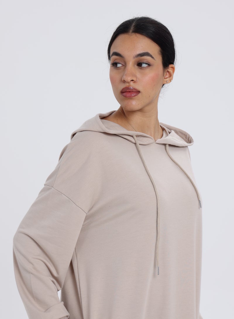 Beige Longline Hoodie Dress - Image 3