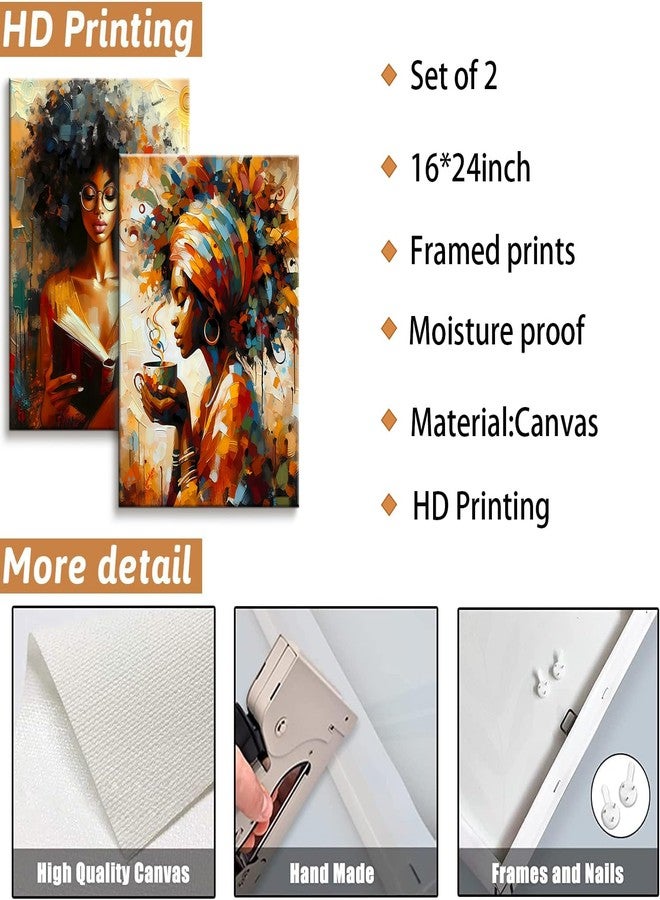 CENDAP Black Woman Wall Art Modern Abstract African American Girl Book Reading Canvas Wall Decor Girl With Coffee Paintings Prints Posters for Bedroom Living Room Gallery Home Decoration(Framed,16×24 Inch) - Image 4